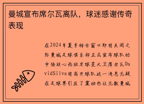 曼城宣布席尔瓦离队，球迷感谢传奇表现